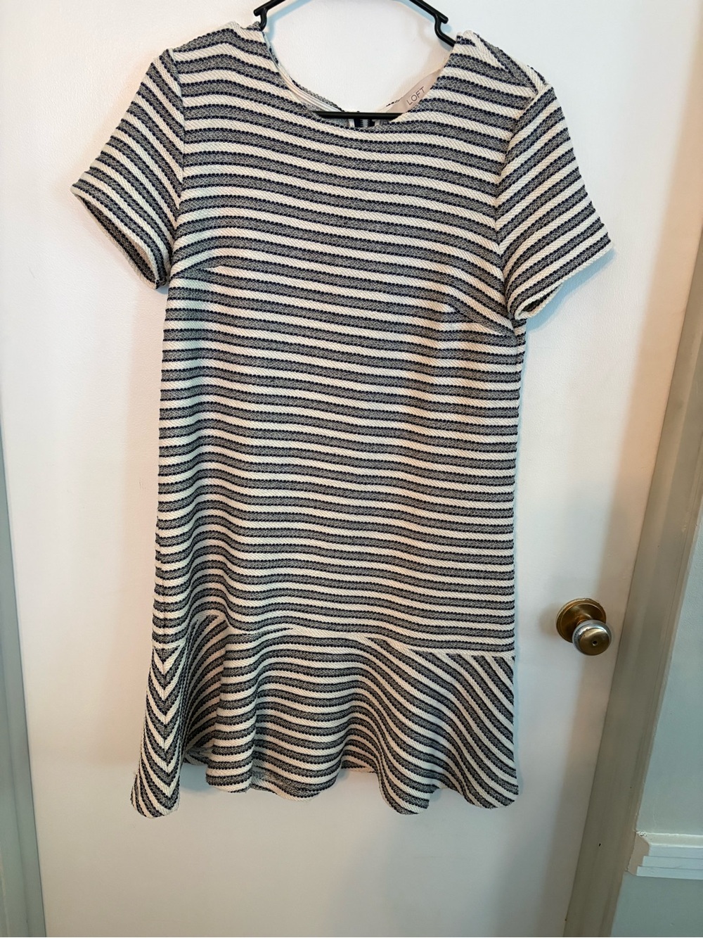 Striped Short Sleeve Peplum Dress - Navy and White